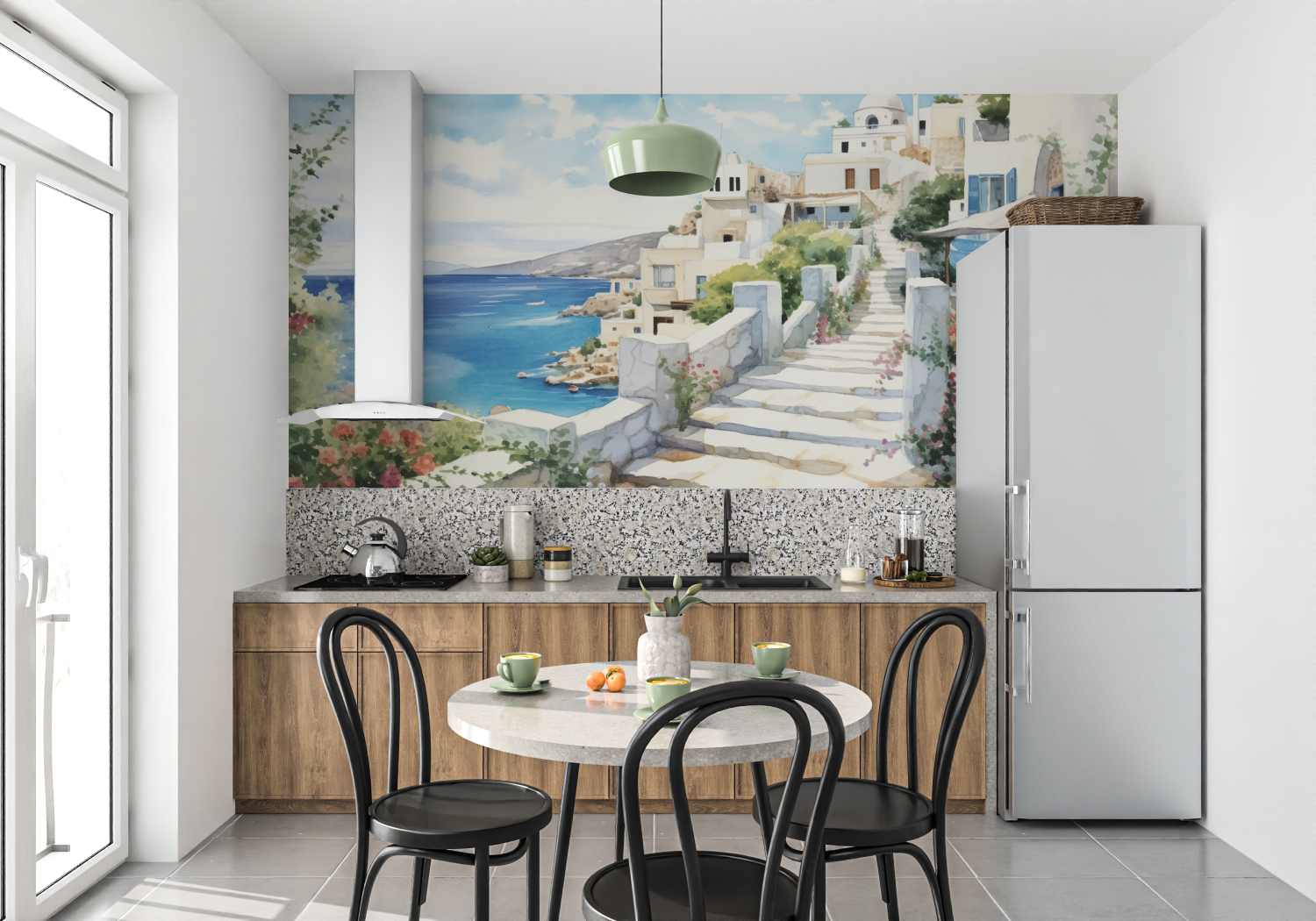 Papier peint aquarelle peinture mediterraneen mur cuisine