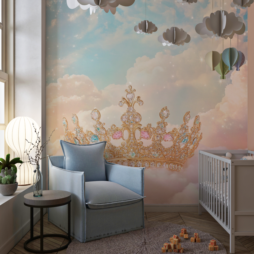 Papier peint grosse couronne rose chambre de fille