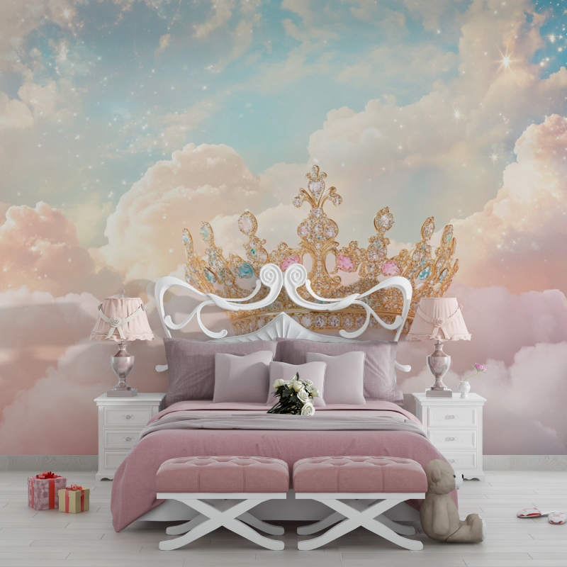 Papier peint grosse couronne rose chambre filles