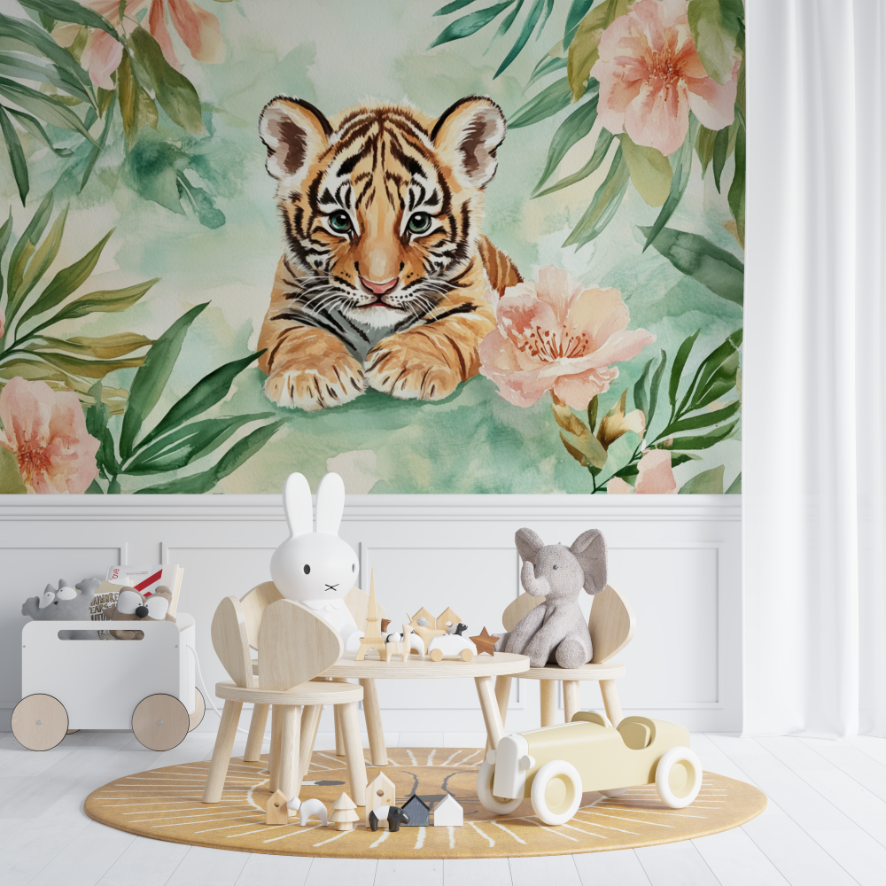 Papier peint tigre et feuillage aquarelle chambre de bebe