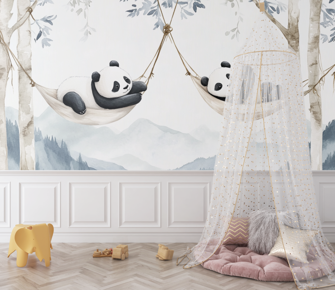 Papier peint panoramique panda bleu et hamac bebe