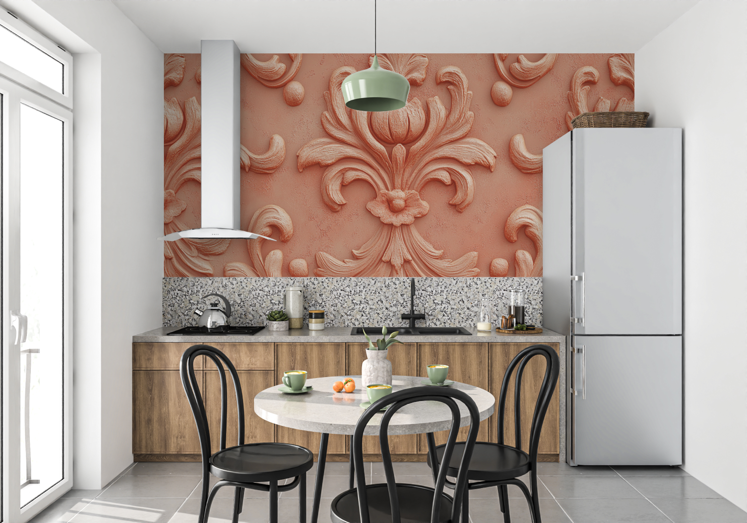 Papier peint terracotta avec arabesques baroques mur cuisine