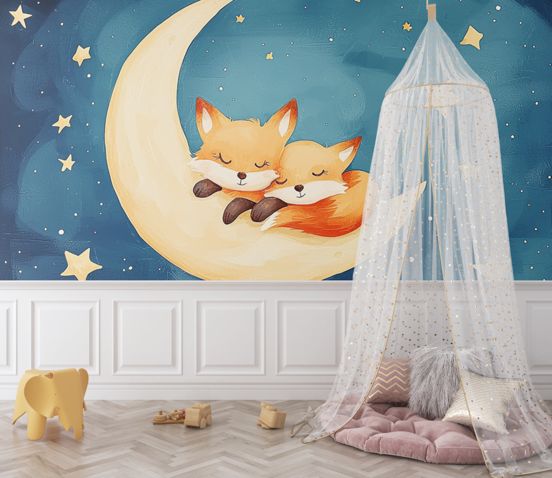 Papier peint renard et lune bebe