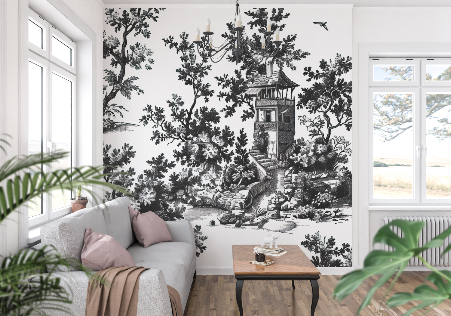 Papier Peint Toile De Jouy Blanc Noir - panoramique-mur