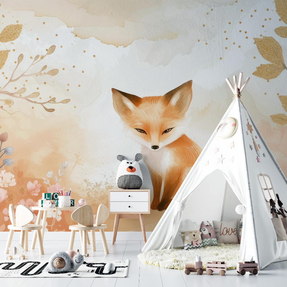 Papier peint renard floral panoramique chambre bebe