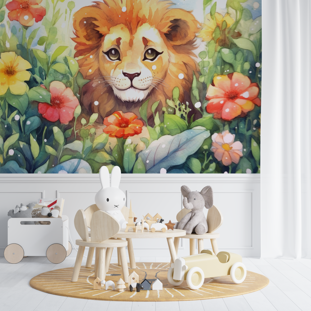 Papier peint lion et feuillage aquarelle chambre de bebe