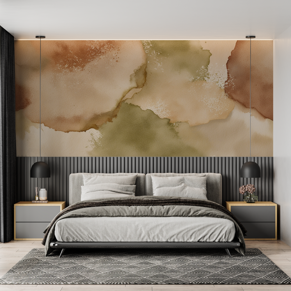 Papier peint aquarelle marron kaki chambre adulte