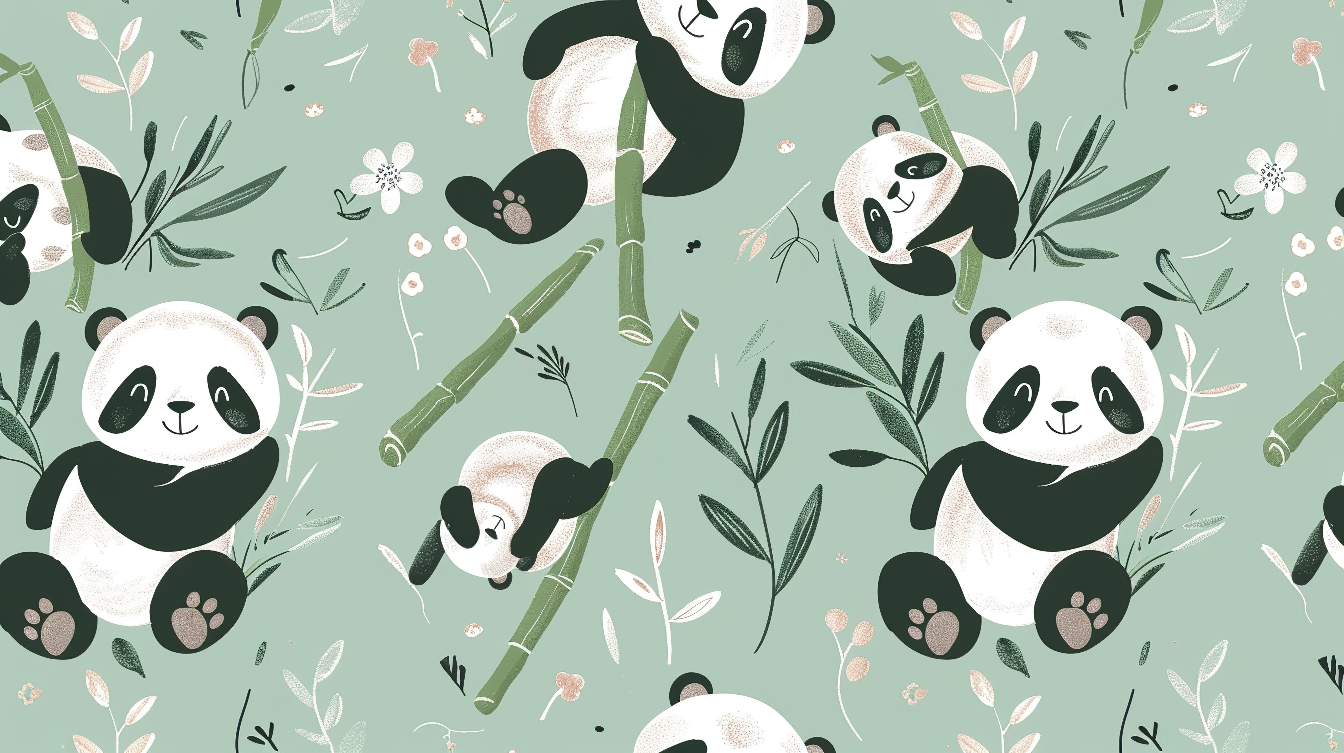 Papier peint Pandas vert bébé