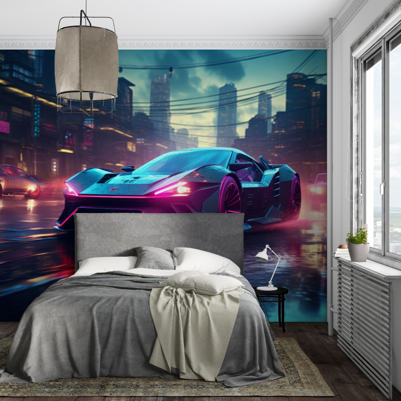 Papier peint voiture de sport en neon piece ados