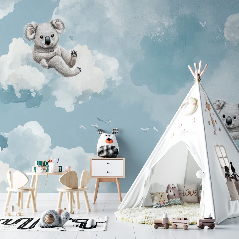 Papier peint koala et nuages ivoire chambre bebe