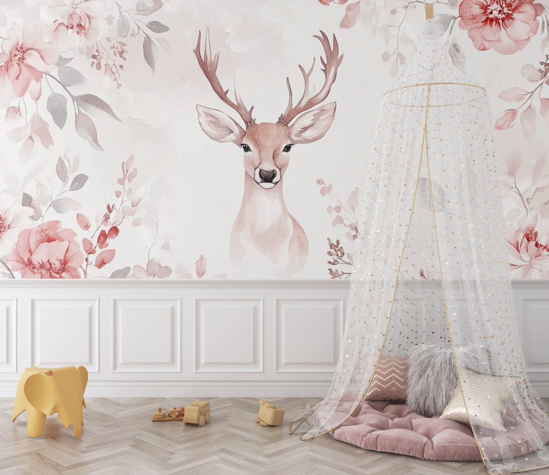Papier peint rose doux fleuri et cerf bebe