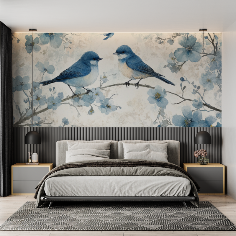 Papier peint aquarelle oiseaux ...anche fleurie mural adulte