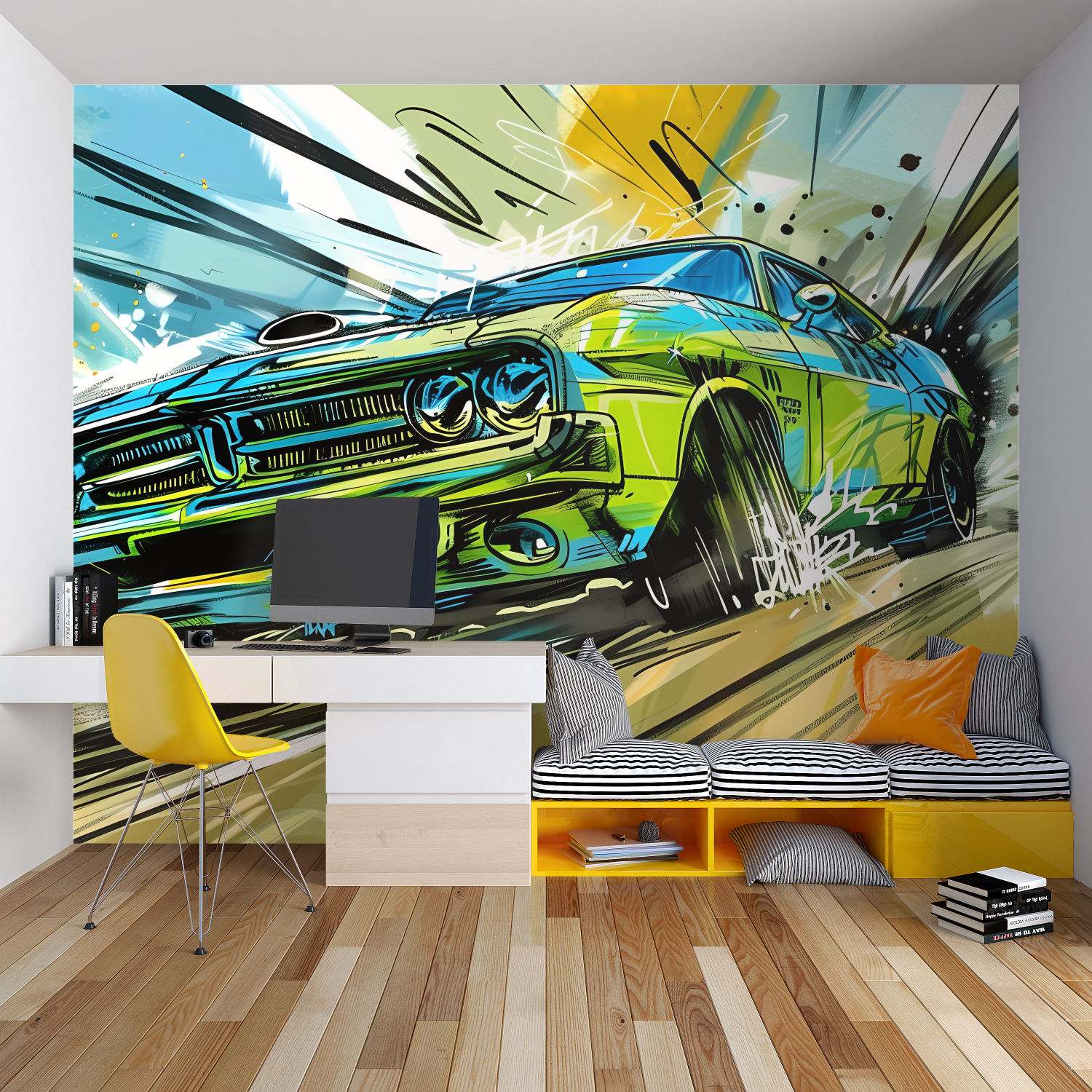 Papier peint poster geant voiture verte chambre garcon lit