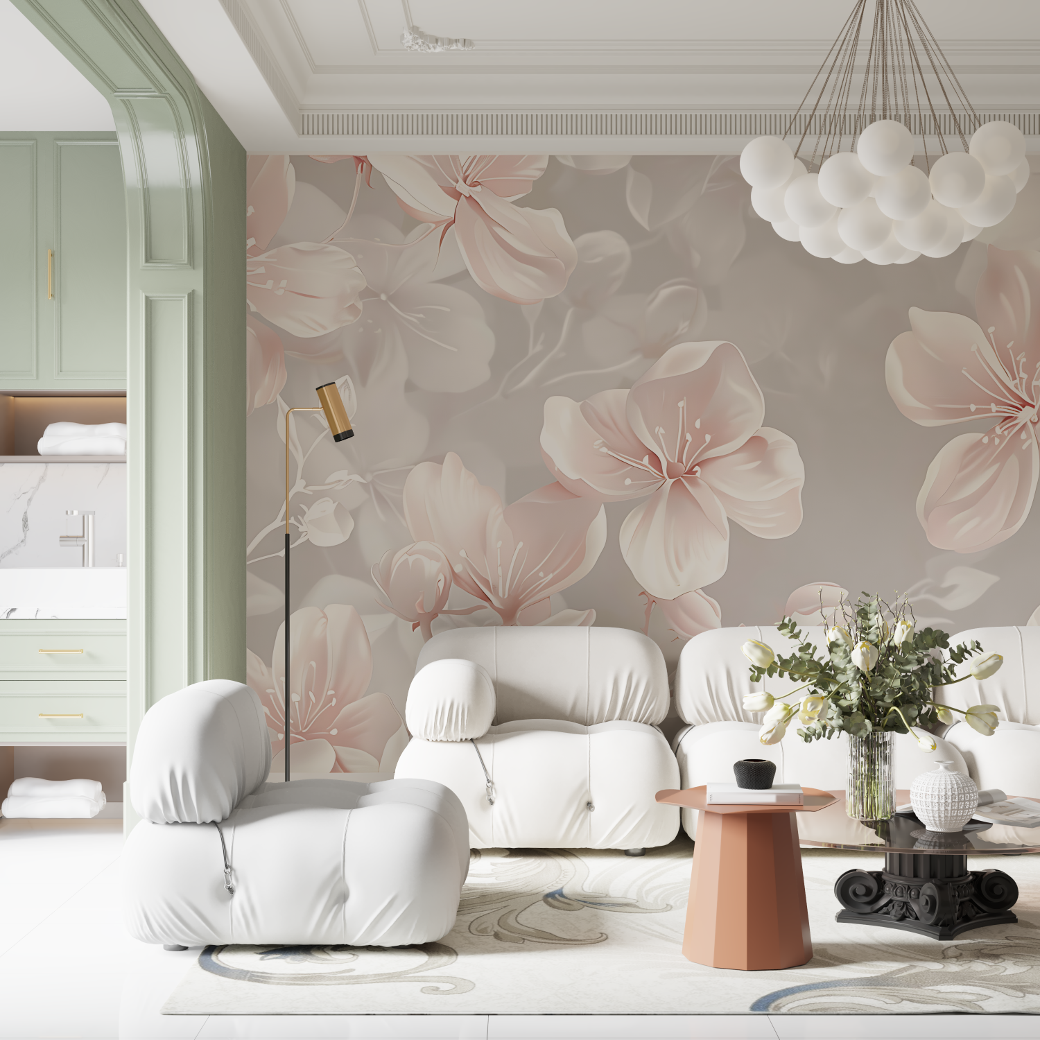 Papier Peint Fleur Rose Et Gris - mur