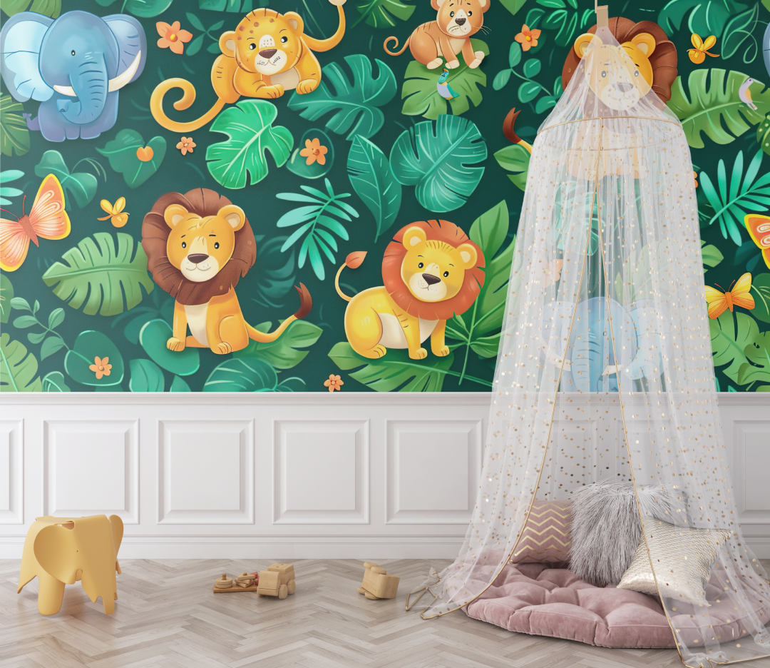 Papier peint lion dans la jungle bebe