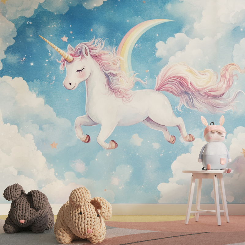 Papier peint decoration licorne...bleu tapisserie pour fille