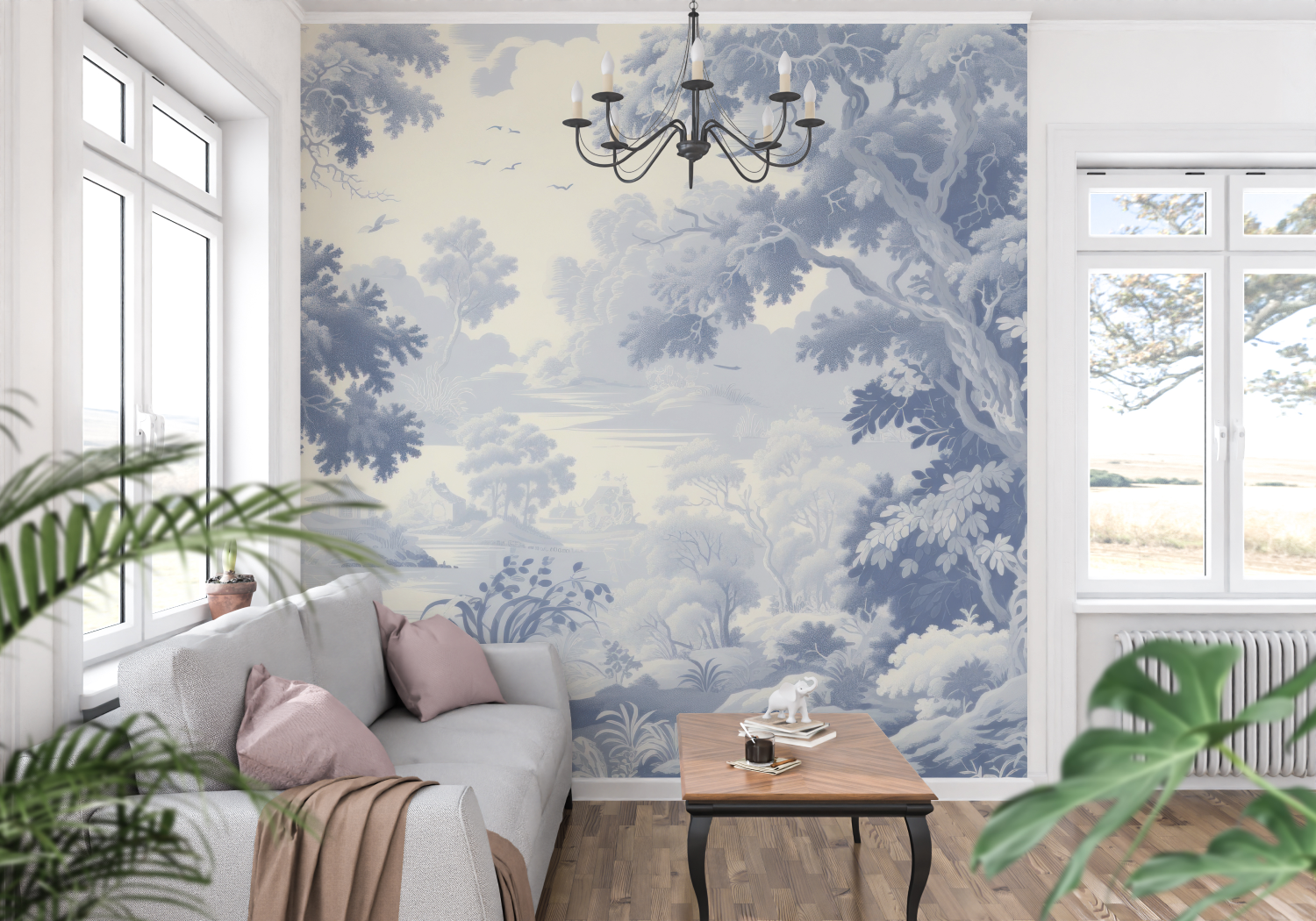 Papier Peint Toile De Jouy Toile Bleu - panoramique-mur