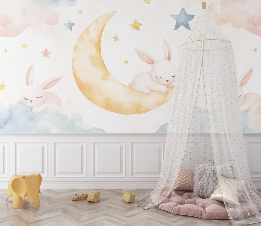 Papier peint animaux lapin et lune endormie bebe