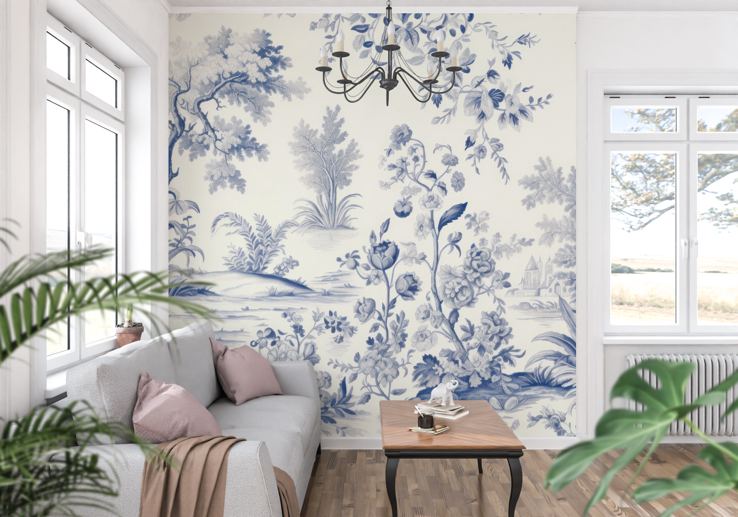Papier Peint Toile De Jouy Bleu - tapisserie