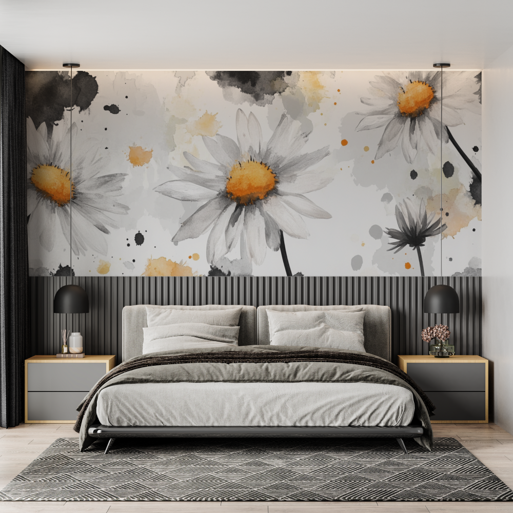 Papier peint aquarelle marguerites esquissees chambre adulte