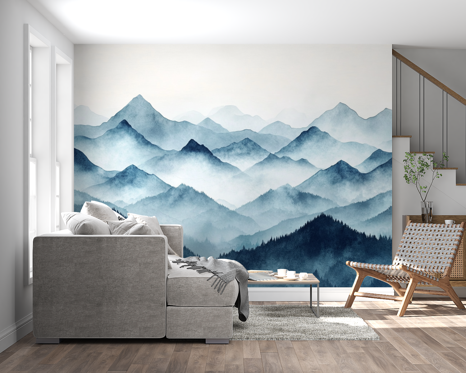 Papier peint aquarelle paysage montagne panoramique mural