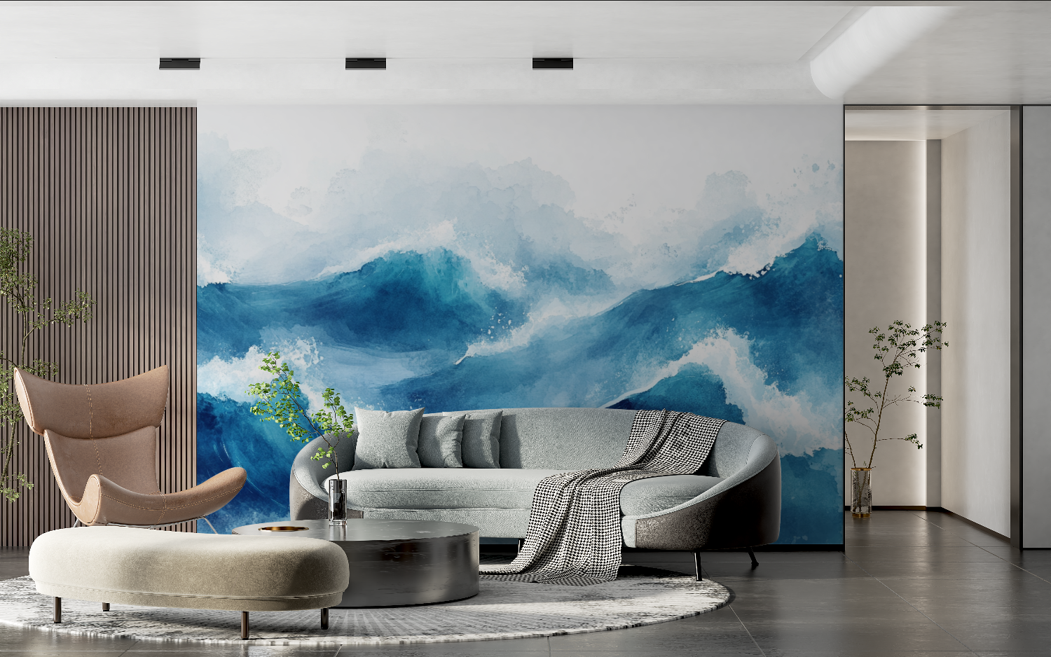 Papier peint aquarelle vague bleue dynamique tendance 2024