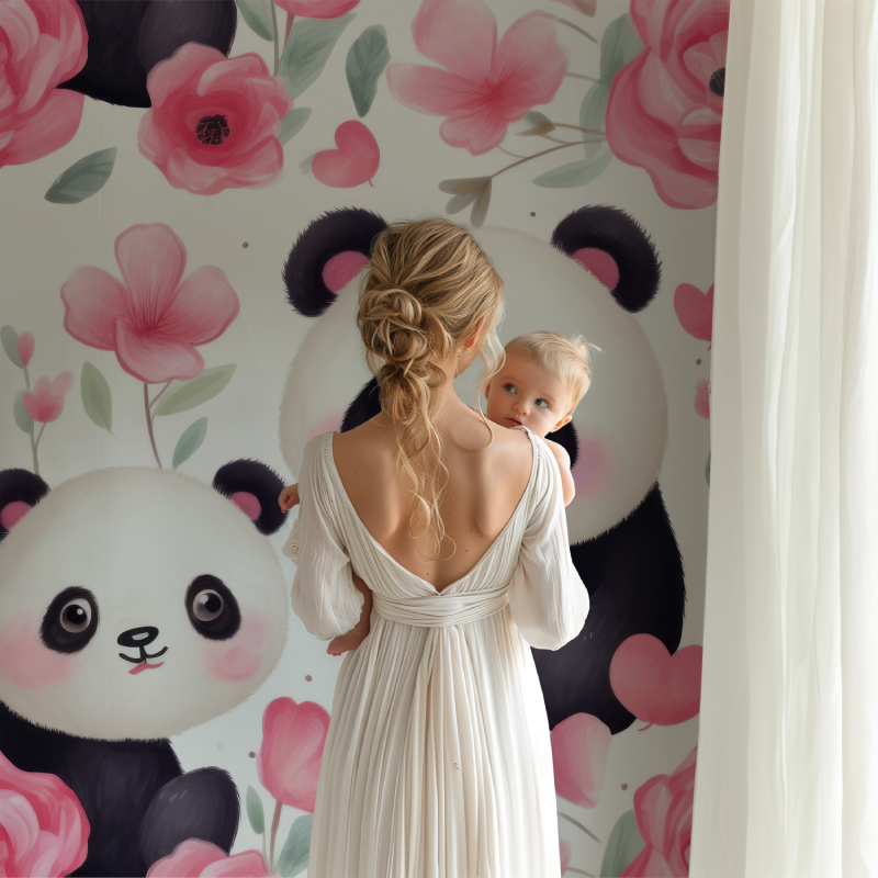 Papier peint bebe panda rose bb123