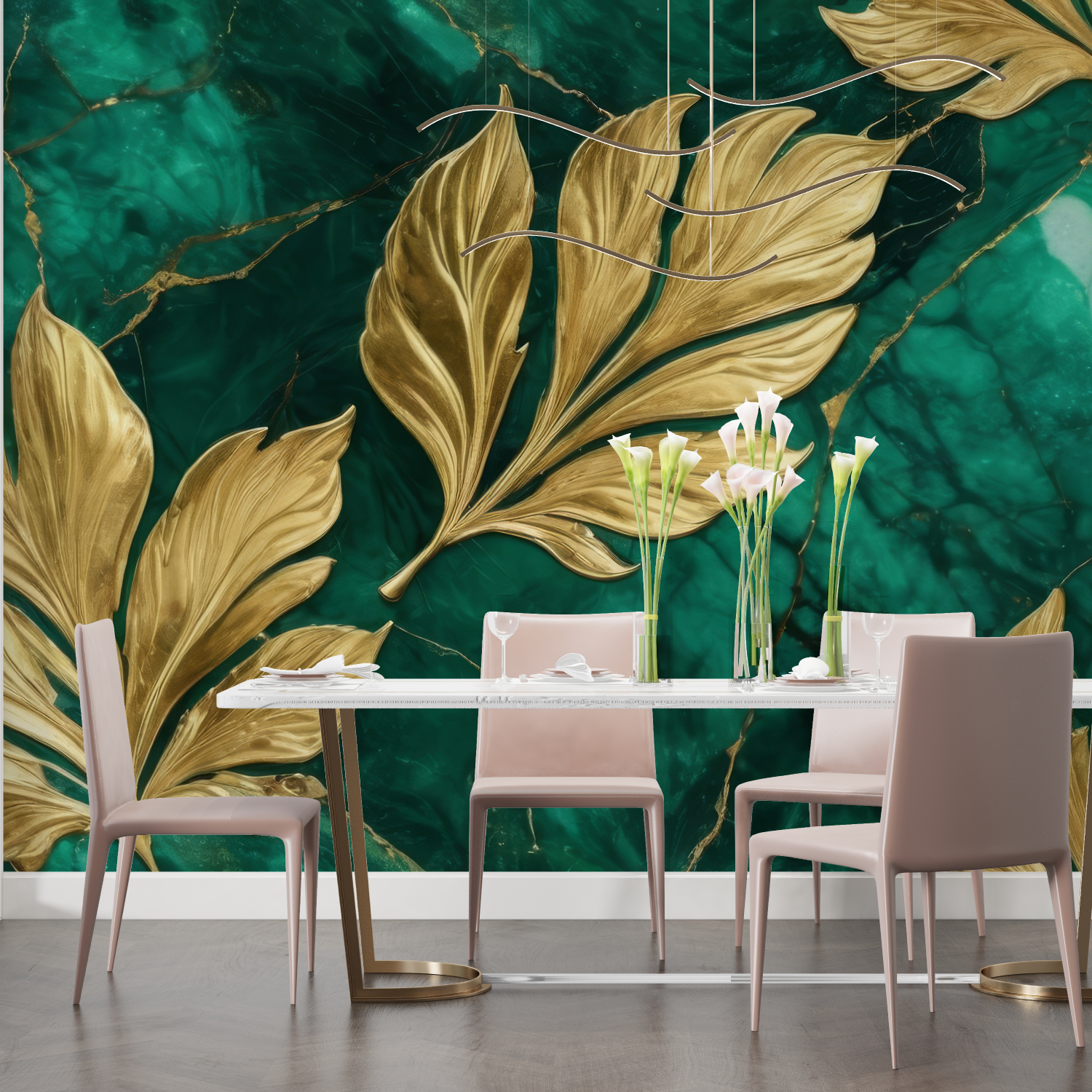 Papier Peint Doré Et Vert Feuillage - panoramique mural