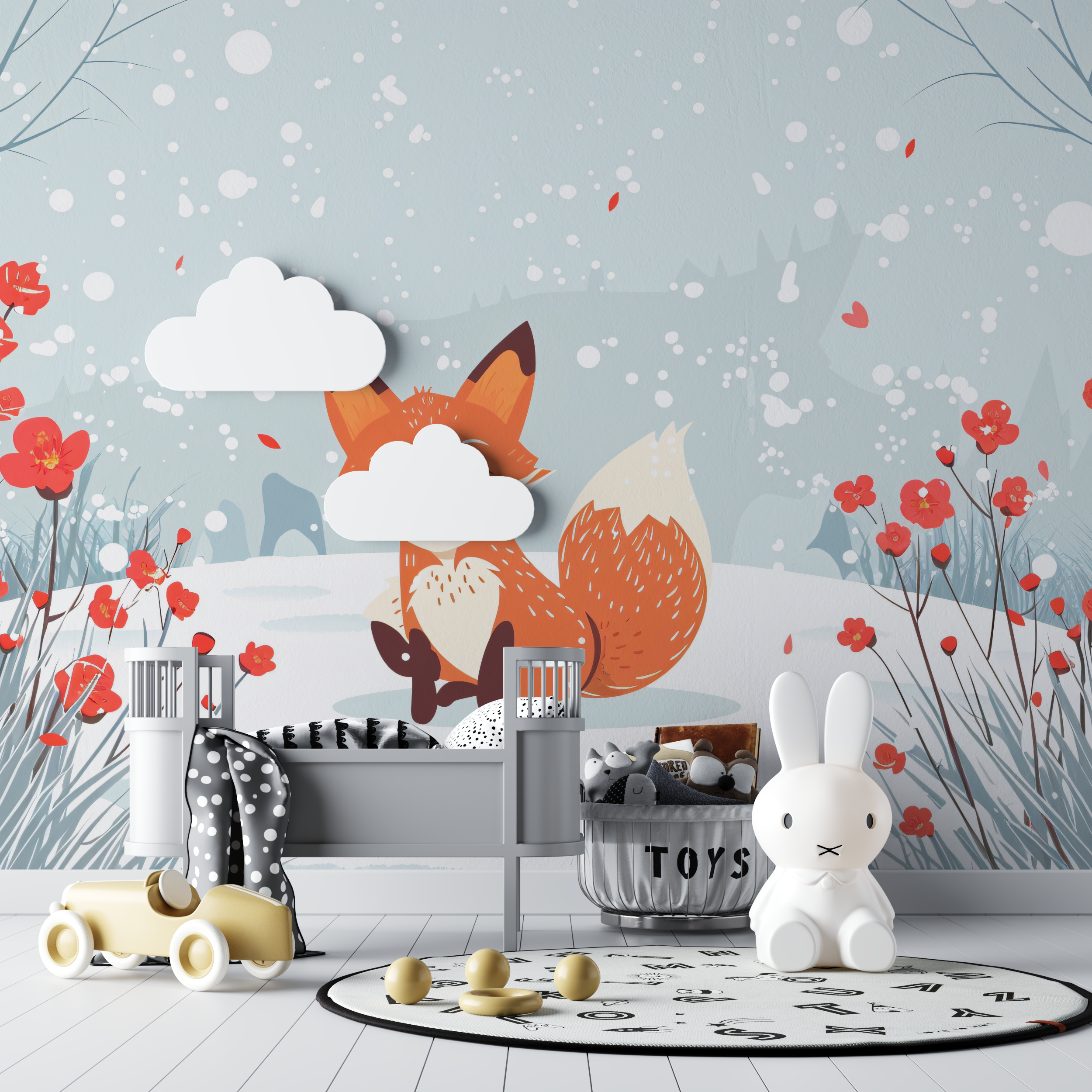 Papier peint renard foret bleu bebe tipi