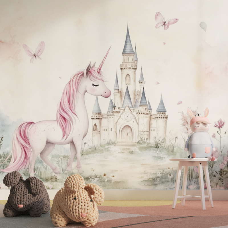 Papier peint licorne chateau pr...orne tapisserie pour fille