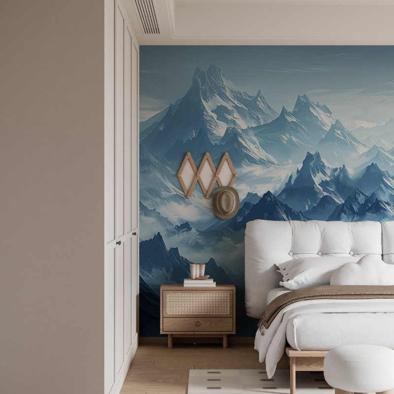 Papier peint panoramique montagne bleu mural