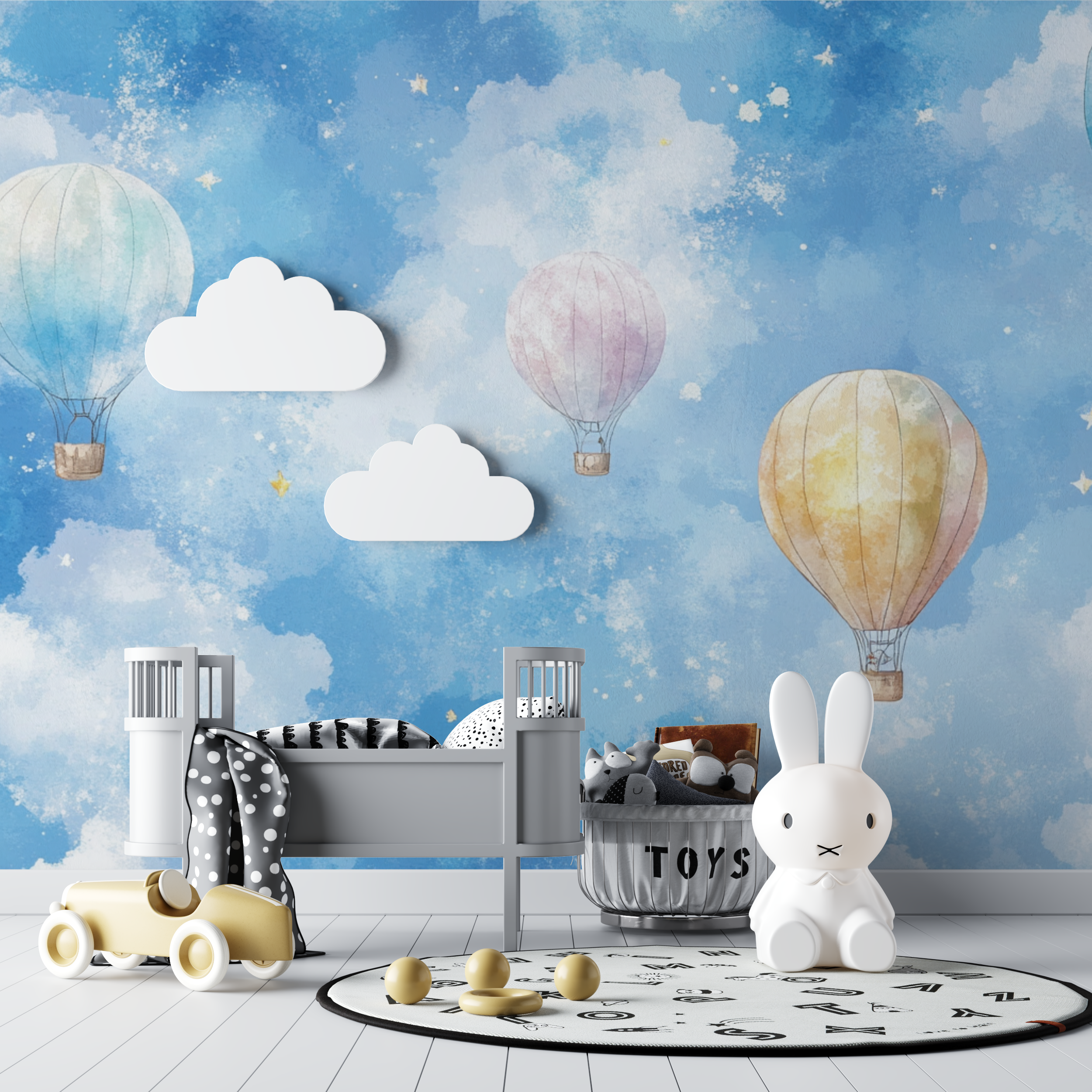 Papier peint montgolfiere et etoiles argentees bebe tipi