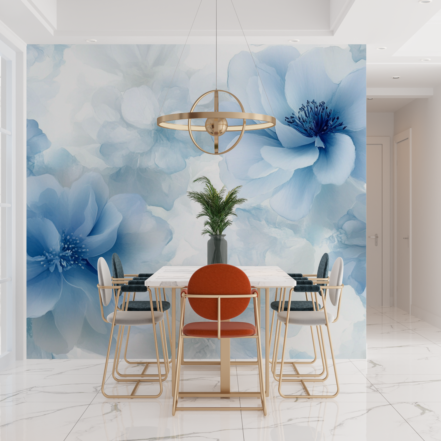 Papier peint aquarelle fleurs bleues delicates tendances