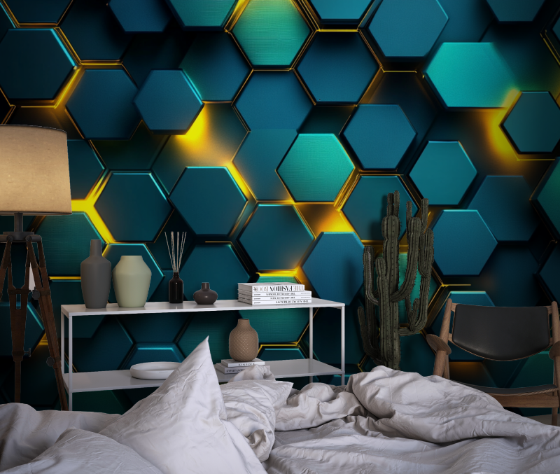 Papier peint effet neon vert chambre dado1
