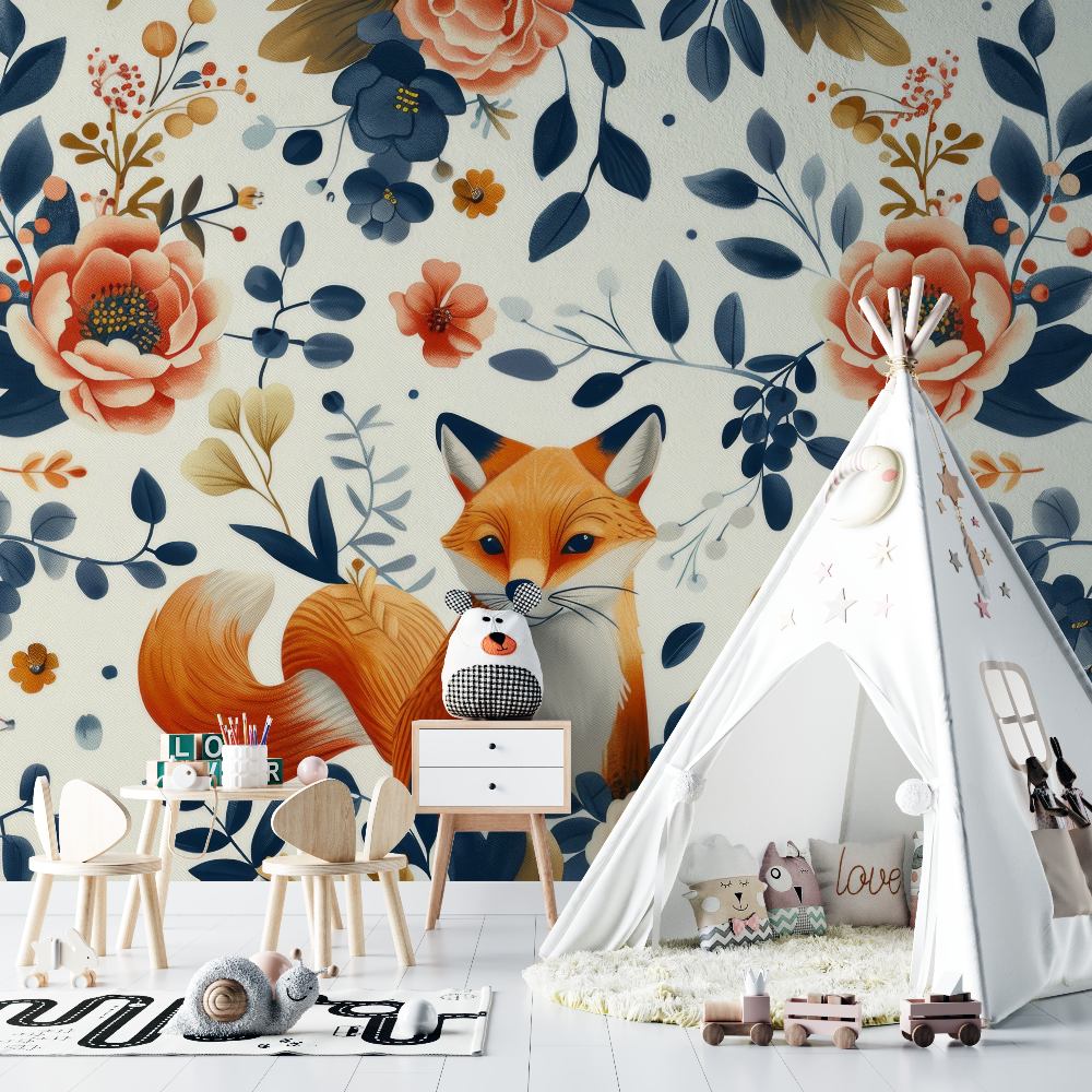 Papier peint renard floral vintage chambre bebe