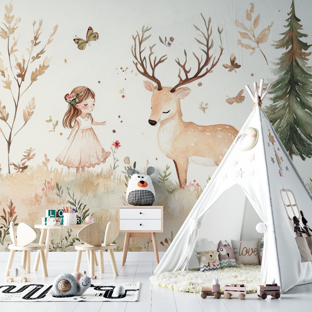 Papier peint animaux fille foret cerf chambre bebe