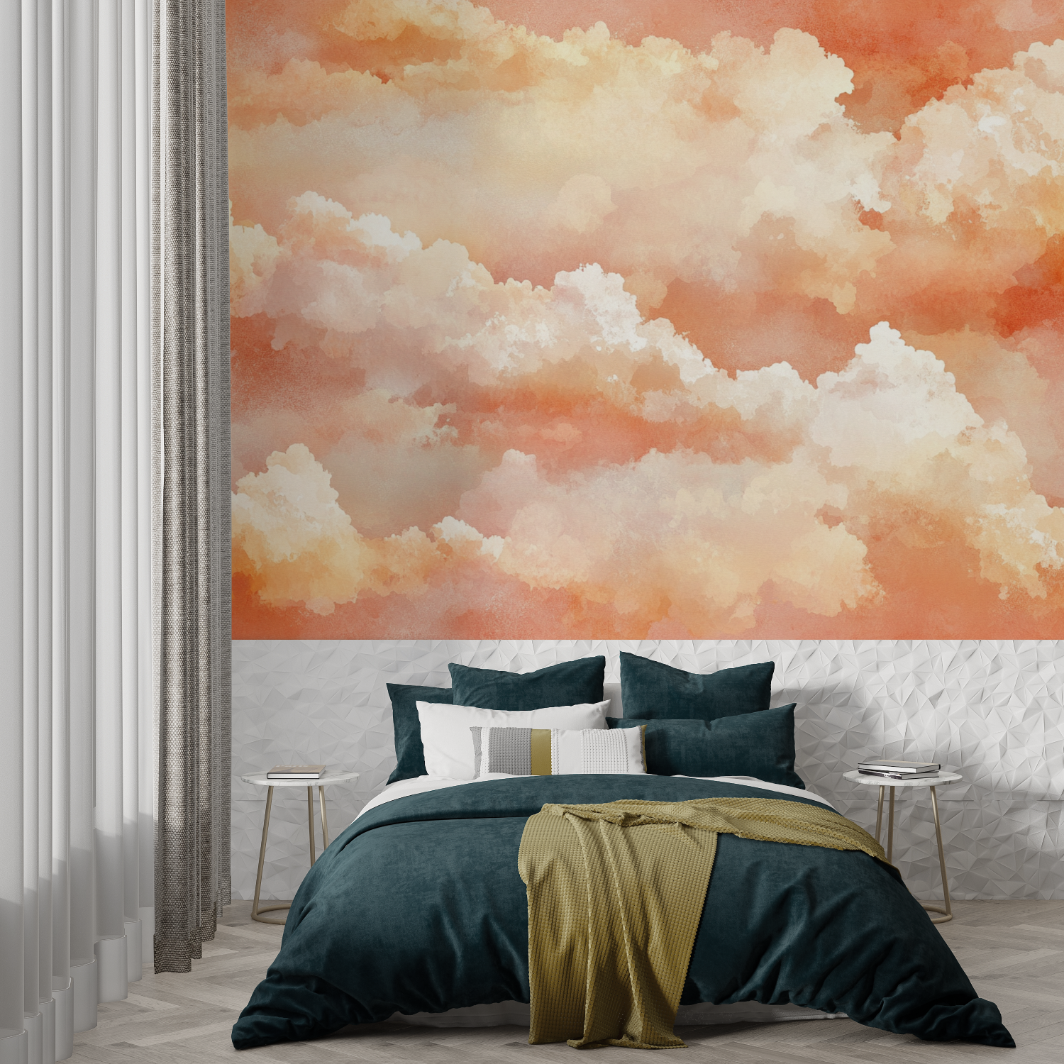 Papier peint terracotta avec nuages aquarelle trompe loeil