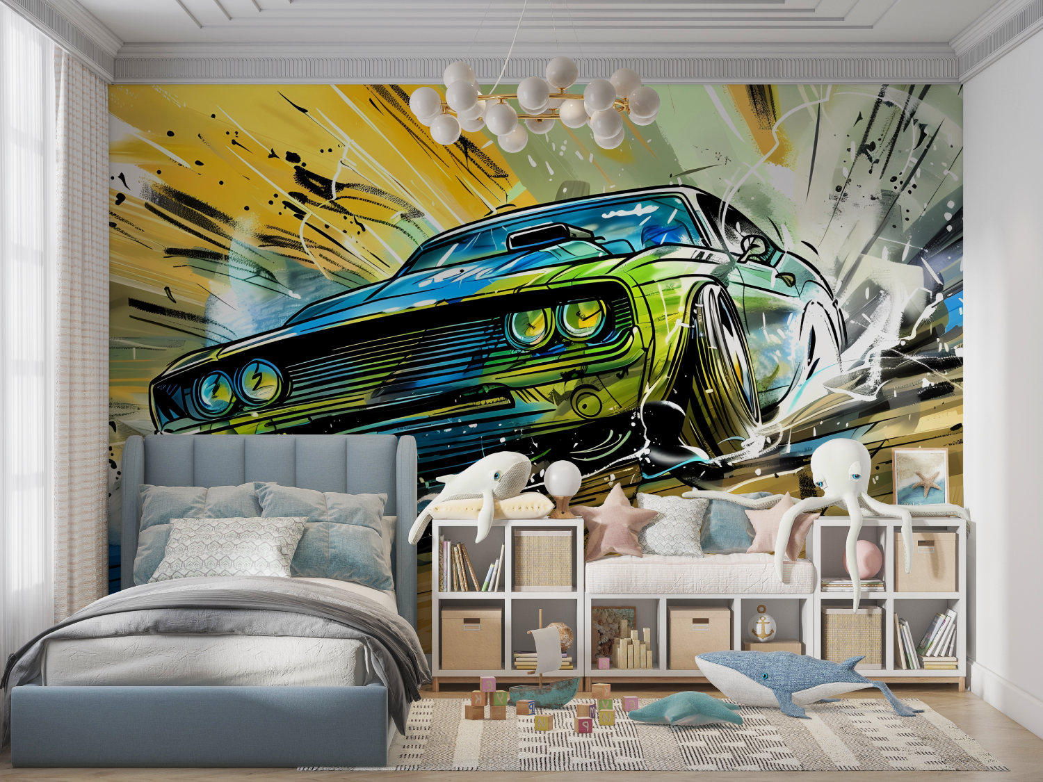 Papier peint voiture de sport graffiti panoramique garcon