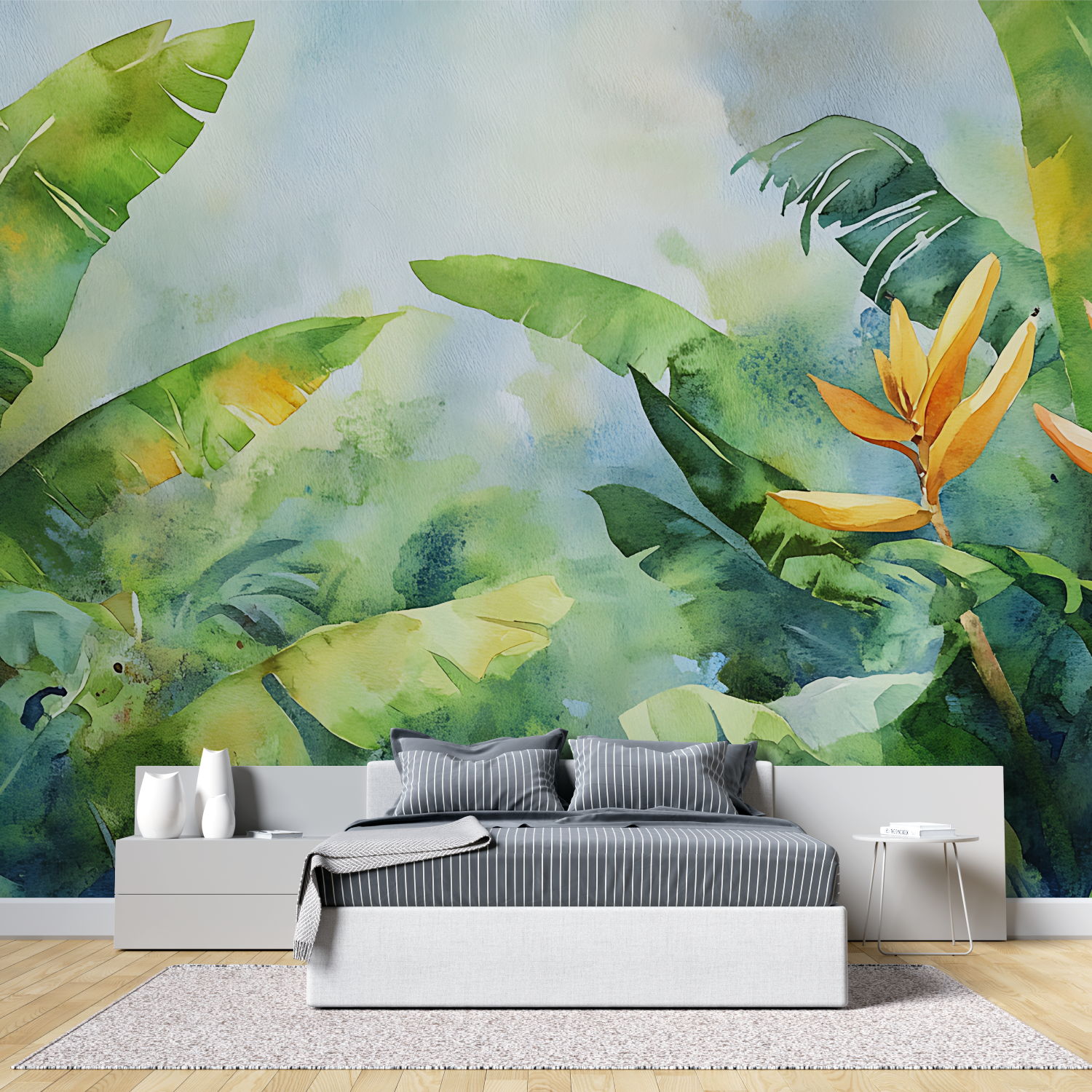 Papier peint aquarelle jungle tropicale tete de lit