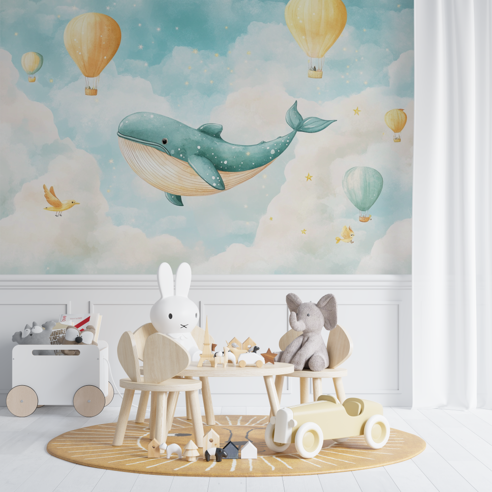 Papier peint bebe classique ciel et baleine chambre de bebe