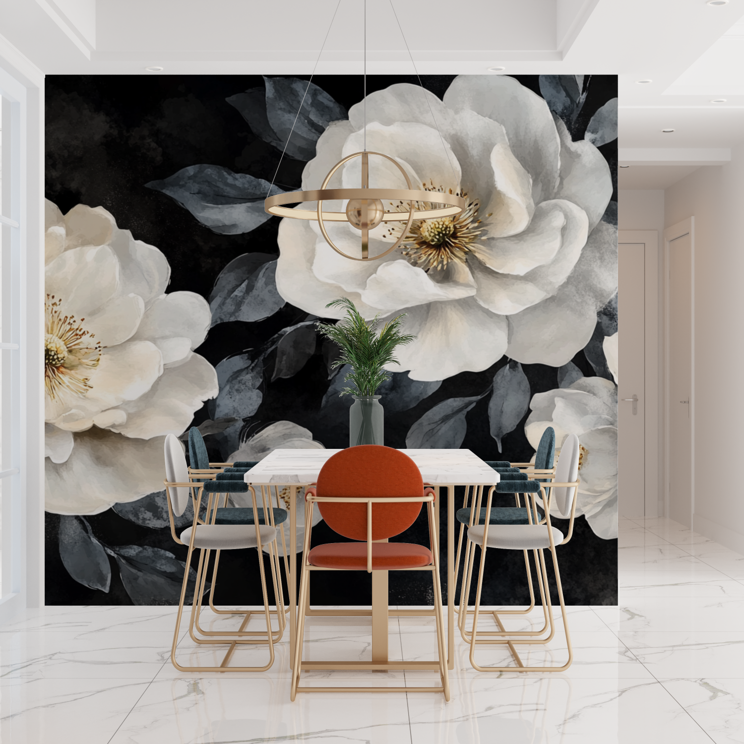 Papier peint aquarelle fleurs blanches et noires tendances