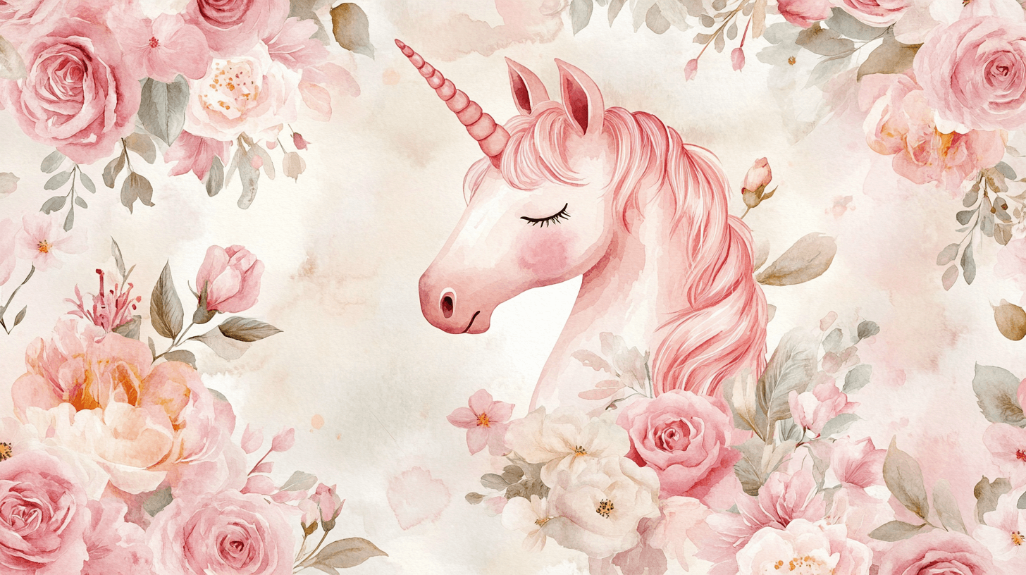 Papier Peint Licorne Rose Fleurs Roses