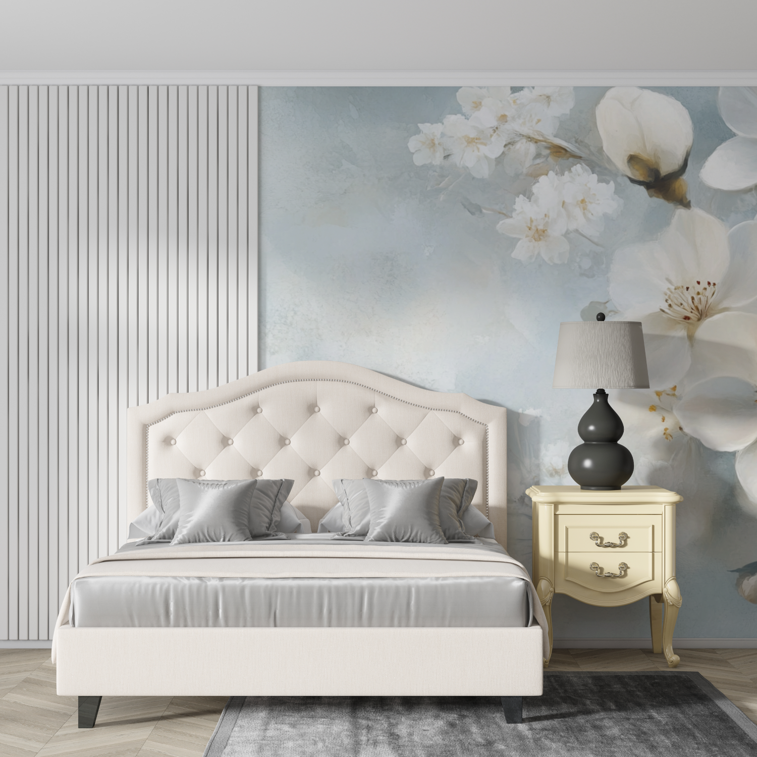 Papier peint aquarelle fleurs blanches delicates design