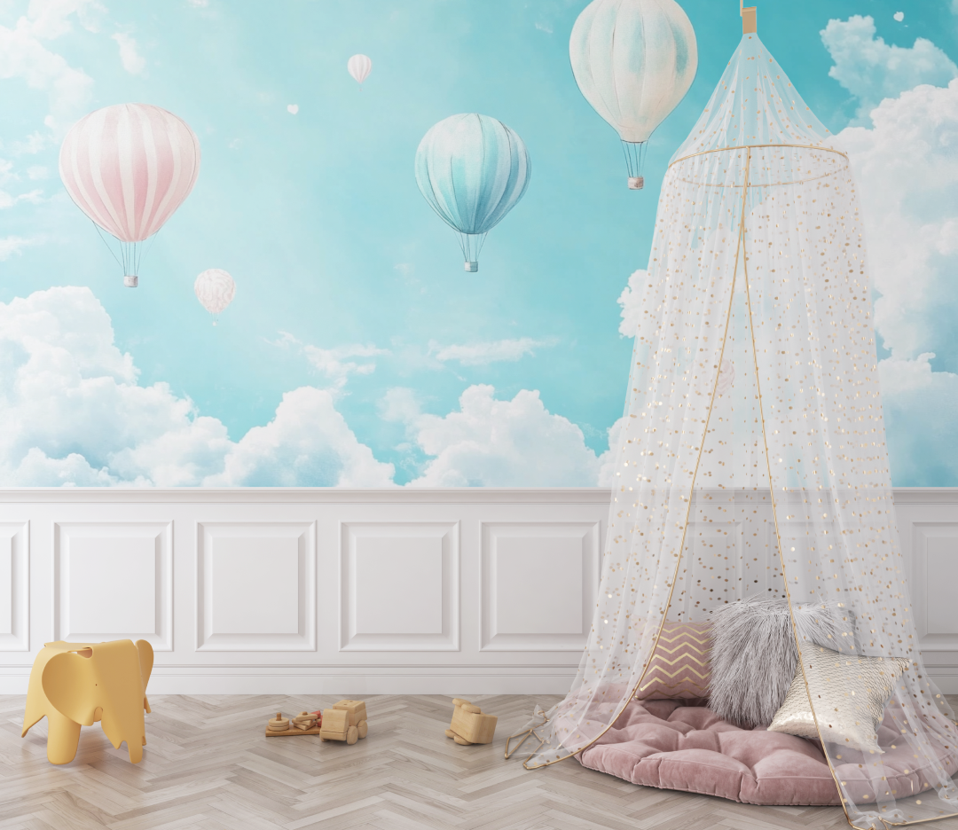 Papier peint montgolfiere et ciel bleu pastel bebe