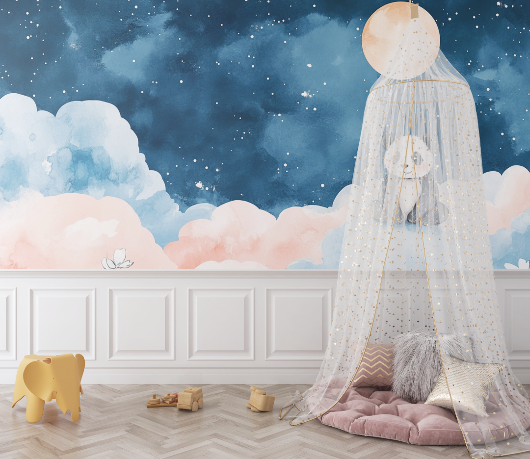 Papier peint panda et lune bebe