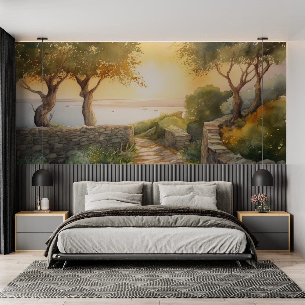 Papier peint aquarelle mediterraneen chambre adulte