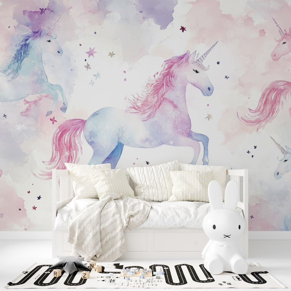 Papier peint motifs licornes chambre bebes tapisserie fille