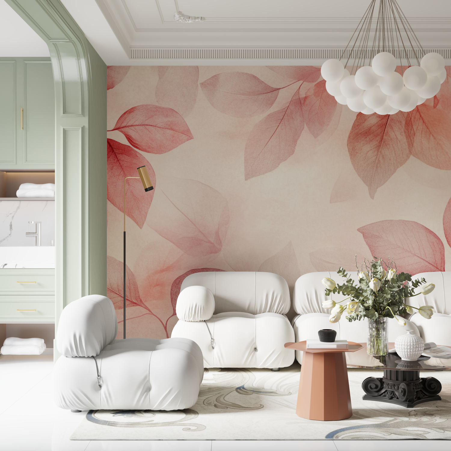 Papier peint aquarelle feuilles... en tons doux contemporain