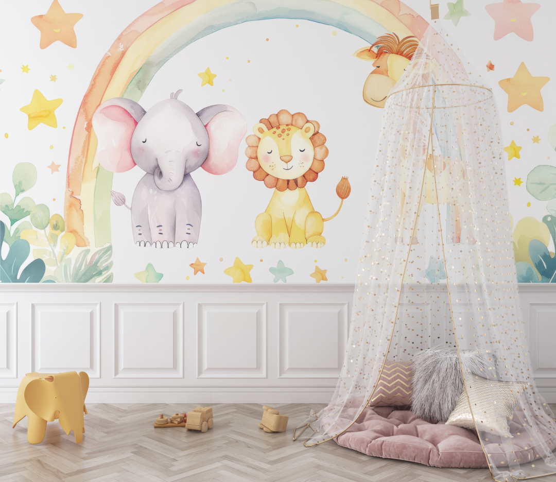 Papier peint lion et arcs en ciel pastel bebe
