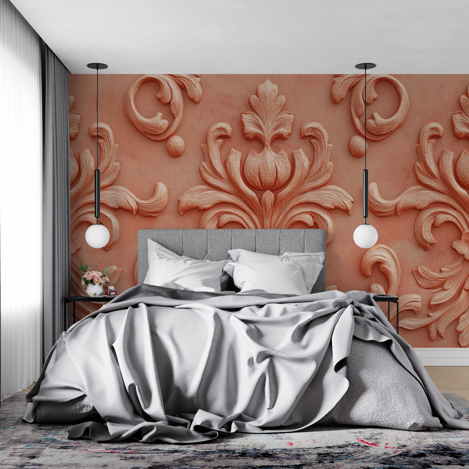 Papier peint terracotta avec arabesques baroques 4murs